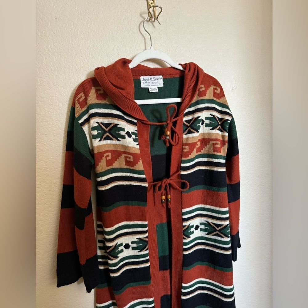 Vintage Aztec Southwestern Hooded Knit Cardigan Sz S Striped Orange Tie‎ Front